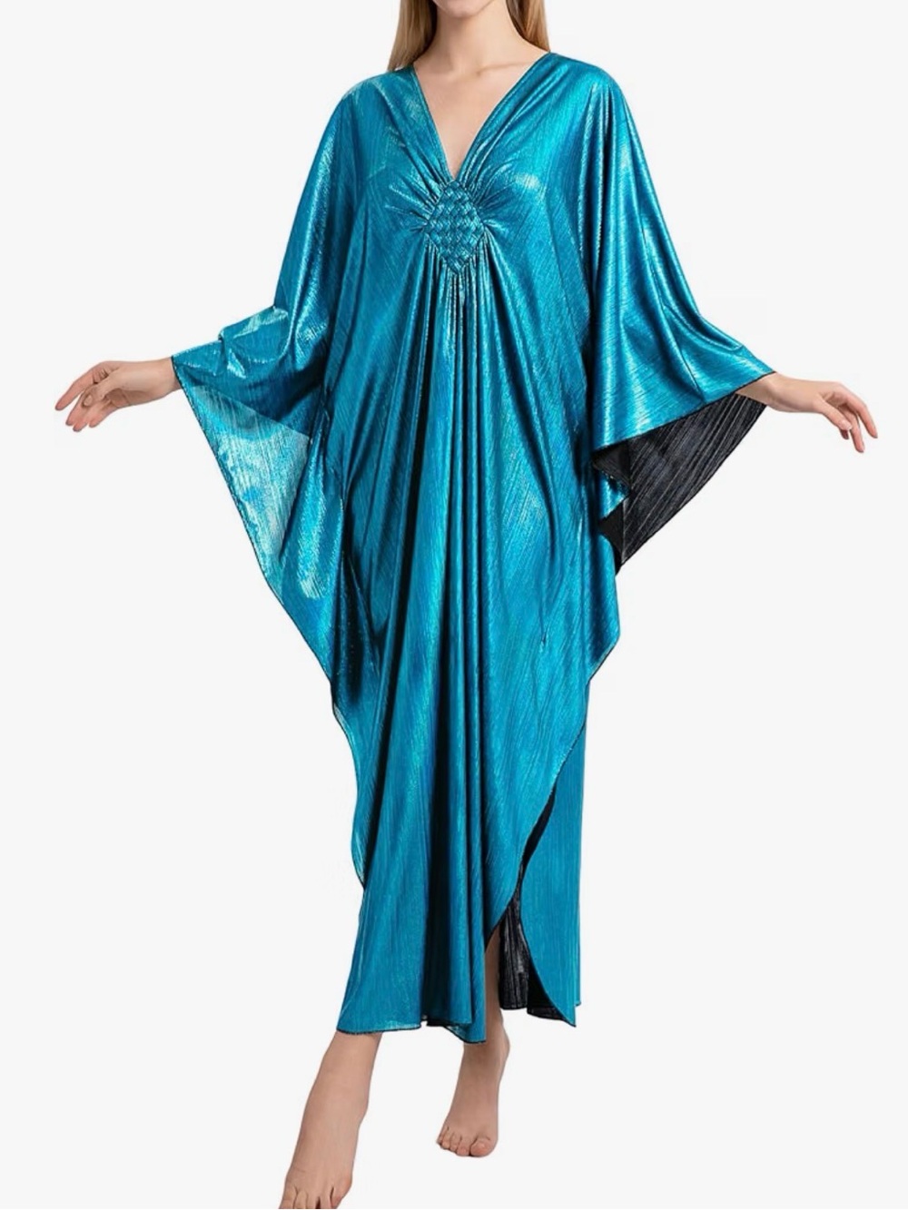 NEW Sparkly Teal Blue Batwing Sleeve Caftan Maxi Dress Beach Coverup OS